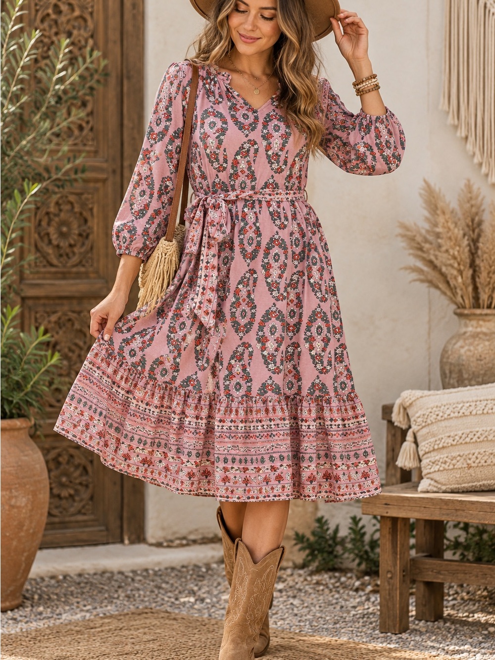 Knox Rose Floral Boho Dress Pink Long Sleeve Tiered Ruffle size:S